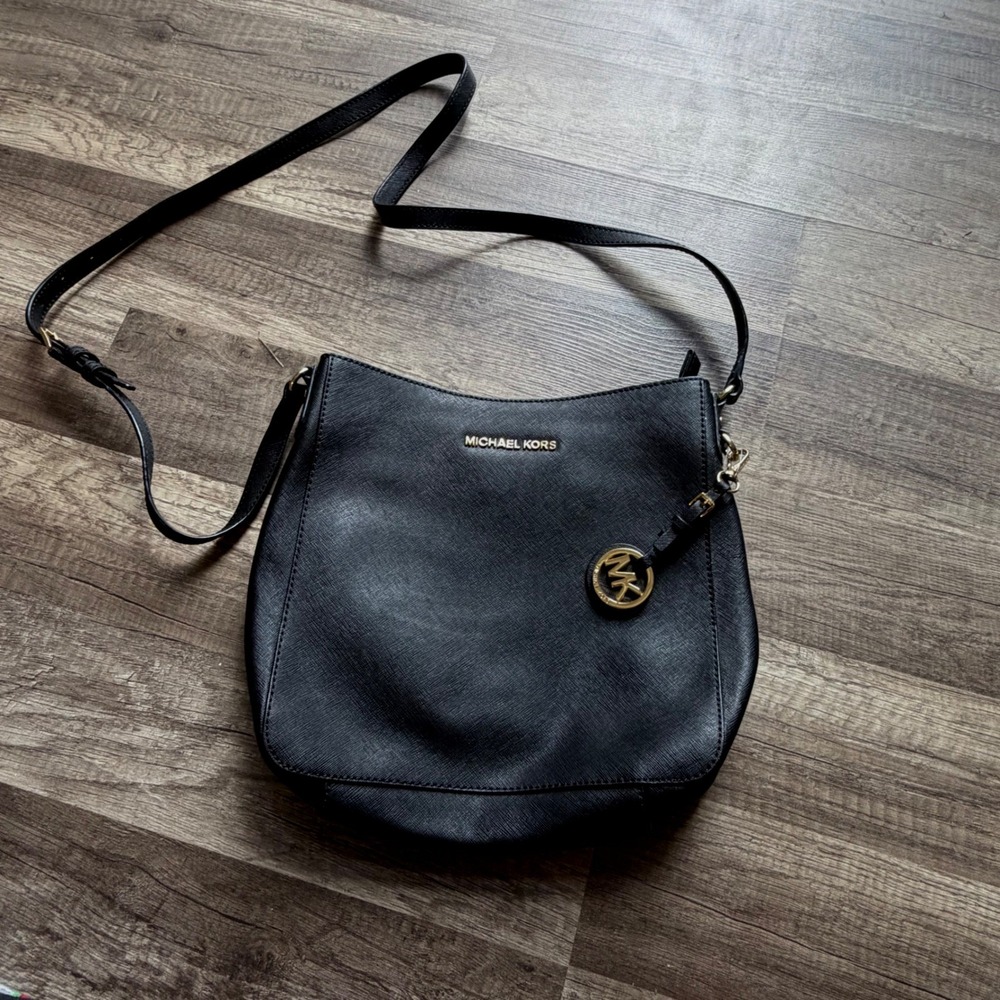 Michael Kors Black Leather Crossbody Bag with Gold Hardware